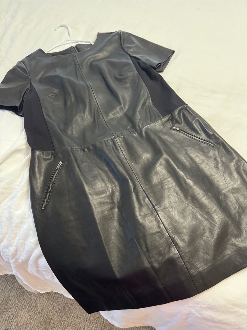 Halogen Black Leather Short Sleeve Mini Dress